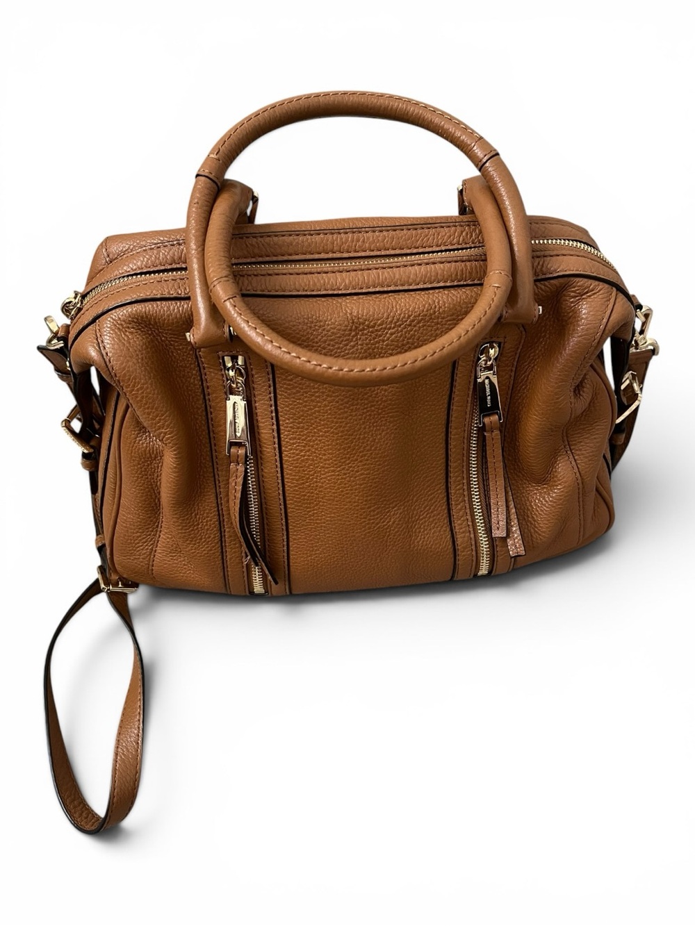 Michael Kors Julia Brown Pebbled Leather Satchel Crossbody Bowler Bag - Picture 4 of 15